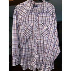 VINTAGE Wrangler USA Shirt Mens XL Plaid Blue Western Pearl Snap Long Sleeve